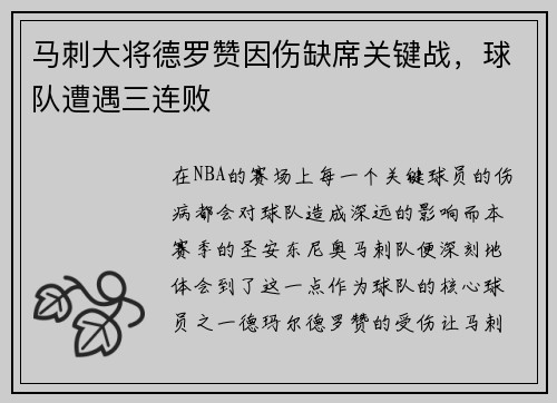 马刺大将德罗赞因伤缺席关键战，球队遭遇三连败