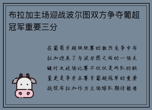 布拉加主场迎战波尔图双方争夺葡超冠军重要三分